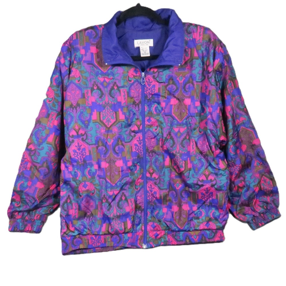 Lavon Windbreaker Jacket M Purple Lined Full Zip Vintage 90s All Over Print Glam